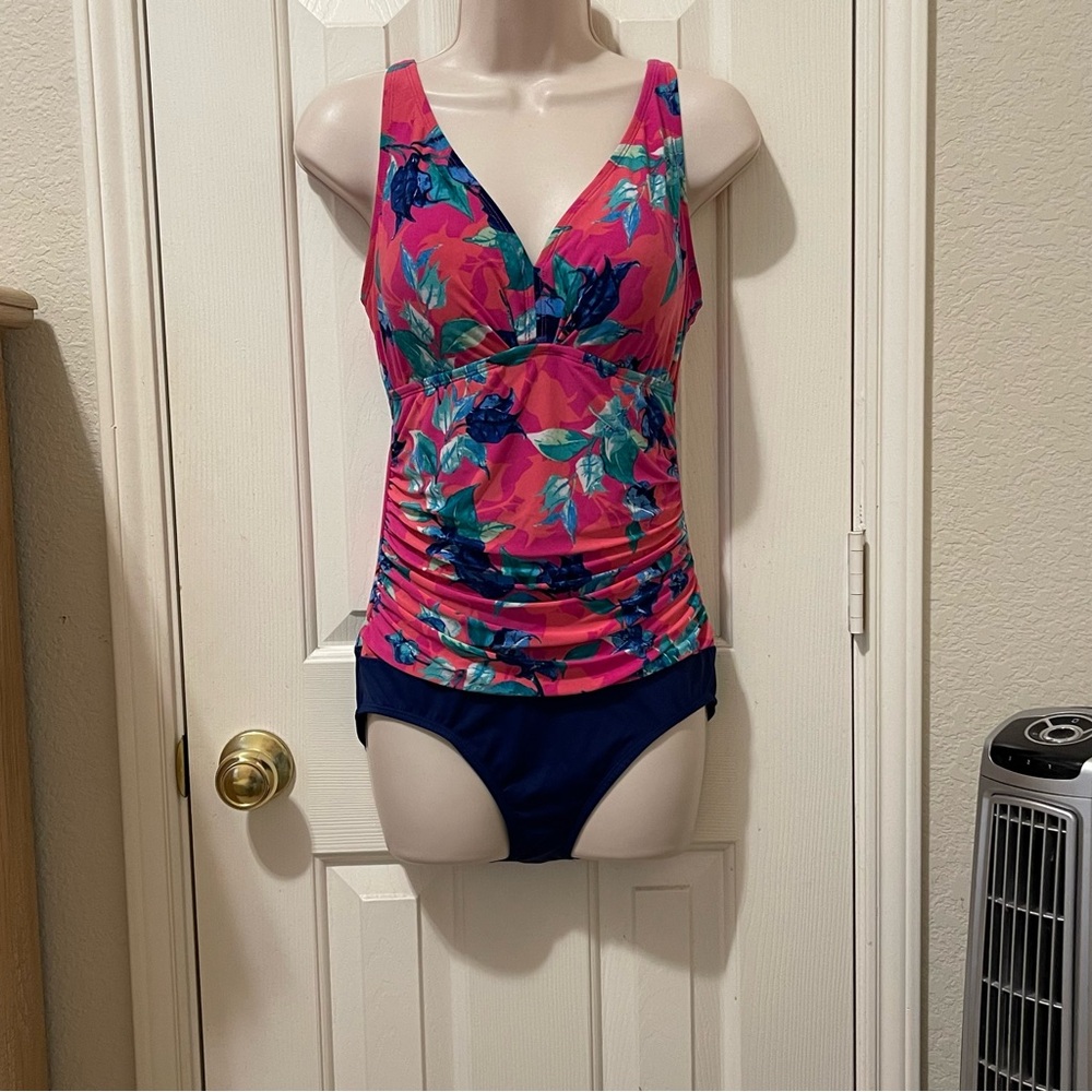 Pink and Blue One Piece Swimsuit with Tropical Design